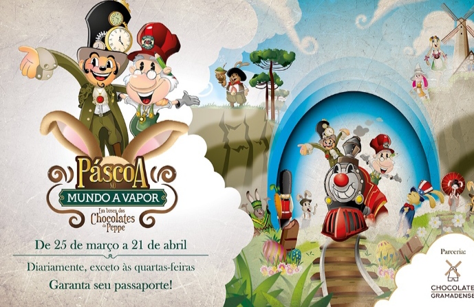 Páscoa no Mundo a Vapor começa dia 25/03 com decoração lúdica "Em Busca Pelos Chocolates do Peppe" será o tema da programação que contará com a parceria do Chocolate Gramadense Oferecendo ao Passageiro uma volta ao mundo divertida pelos seis continentes e cenários instagramáveis, a Páscoa no Mundo a Vapor começa dia 25/03 e segue até 21 de abril. A temporada tem como tema "Em Busca Pelos Chocolates do Peppe" e terá em sua programação brincadeiras para o público infantil, coelhos instagramáveis de diferentes nacionalidades e a Toca do Coelho, que ficará a cargo da Chocolate Gramadense, parceira na realização do evento. O Mundo a Vapor vem investindo na tematização para criar atrativos ao público visitante, sem nunca perder a conexão com asua essência que lhe consolidou como atrativo nos últimos 30 anos. Foi assim na temporada de Natal e na recém encerrada Vindima, eventos que contaram com apresentações artísticas e produtos como a tradicional pisa das uvas. Agora, após a viagem do Papai Noel e do Italiano, quem desembarca no parque são os coelhos do Mundo. Coelhos de diferentes nacionalidades serão os personagens da Páscoa no Mundo a Vapor, a convite dos amigos Sir Tic Tac - o viajante do tempo e Peppe - o guardião do espírito inventivo do parque. Eles farão parte da decoração lúdica e poderão ser vistos na tradicional fachada, na visita guiada pela história das máquinas a vapor e no passeio de trem pelo bosque, que contará com elementos lúdicos durante o trajeto. Na entrada do parque, cada criança receberá um mapa com instruções para retirar um prêmio especial ao final do roteiro. O Mundo a Vapor funciona diariamente, exceto às quartas-feiras, das 9h às 17h. Ingressos podem ser adquiridos pelo site www.mundoavapor.com.br.